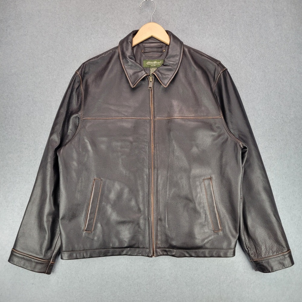 Eddie Bauer Leather Jacket Mens XL Brown Soft Full Zip Bomber Fall 06 Y2K